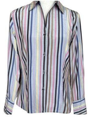 Doncaster Vintage Silk Cotton Blend Button Up Shirt Multi Color Stripes Preppy